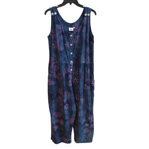 Very Vineyard Floral Jumpsuit Capris Blue Purple Tie Dye Button Front Small Med
